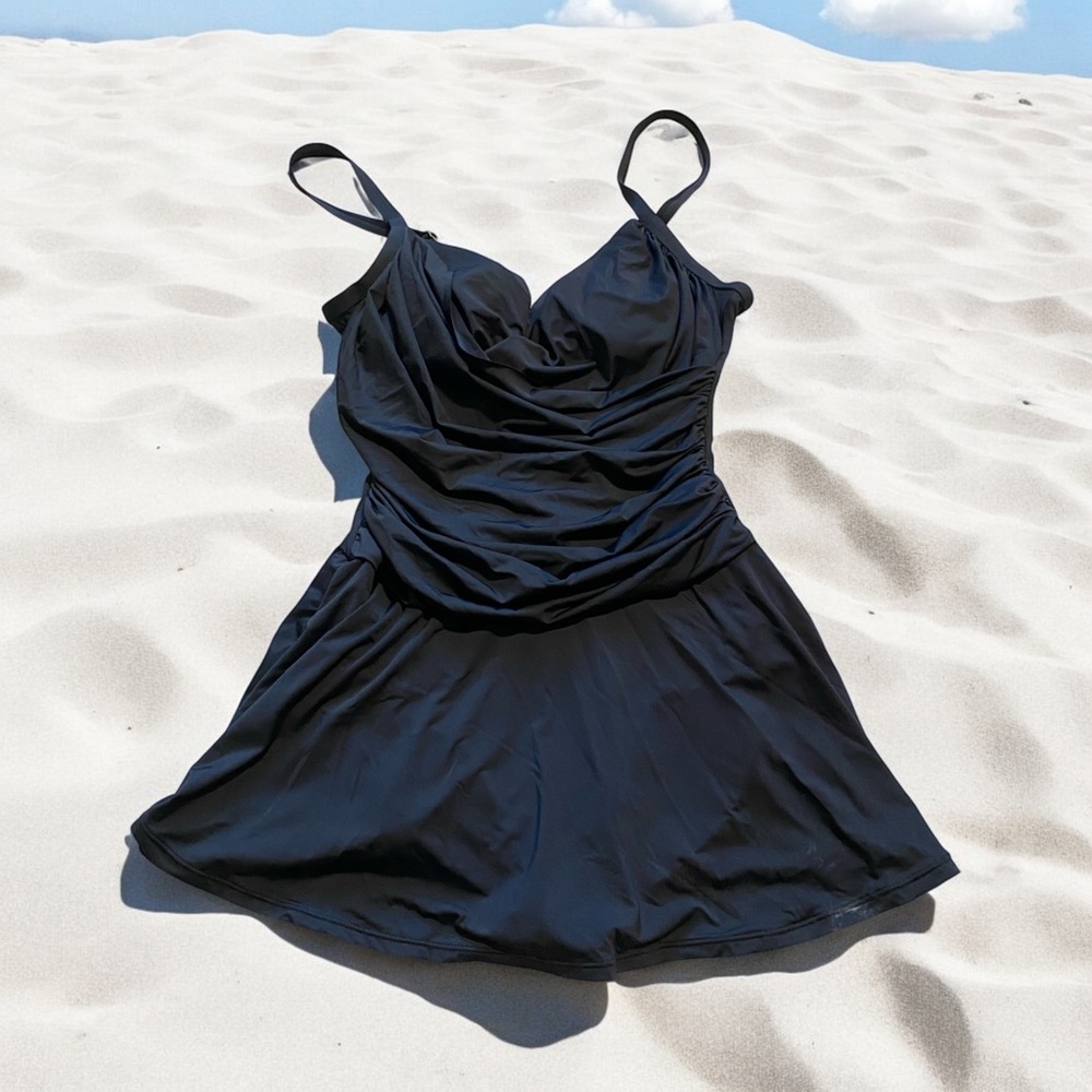 Jantzen tummy control wrap front swim dress black